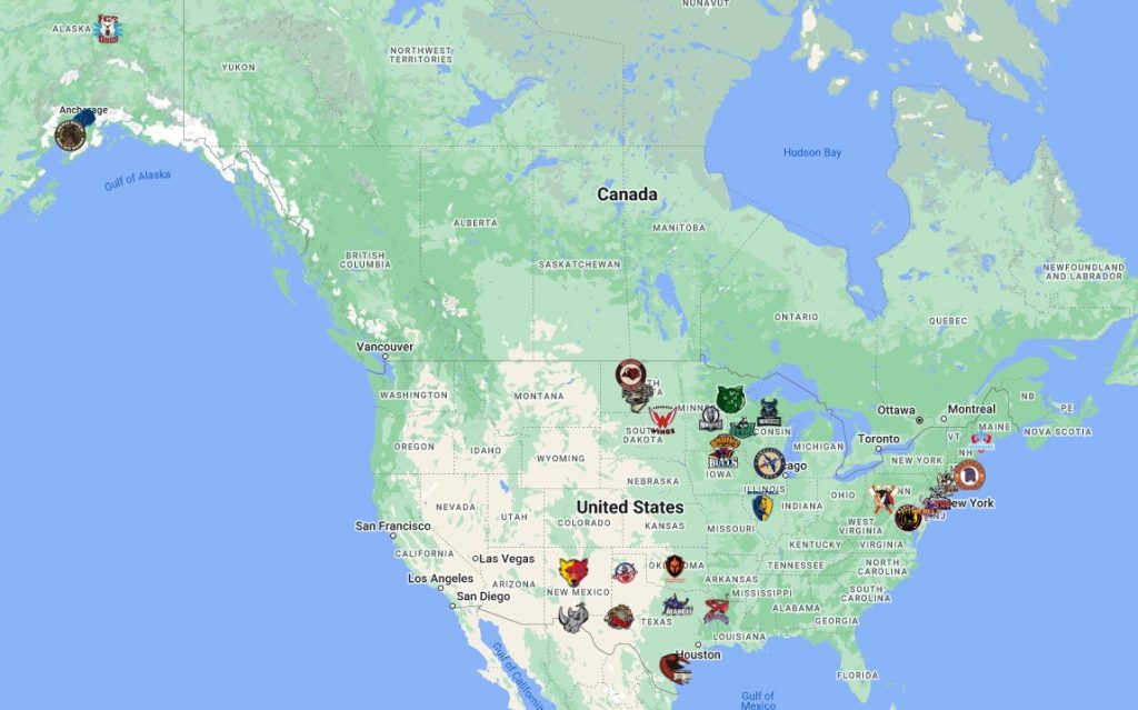 NAHL Teams Map with logos NAHL Teams Location FTS DLS KITS