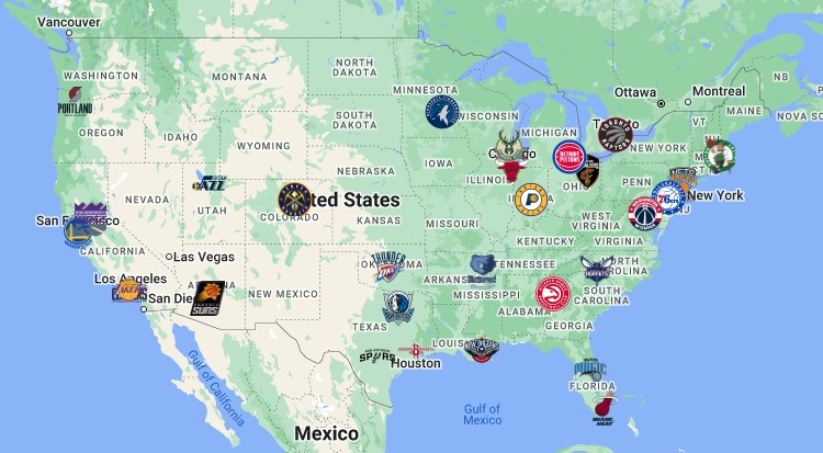 NBA Teams Map with logos | NBA Teams Location - FTS DLS KITS