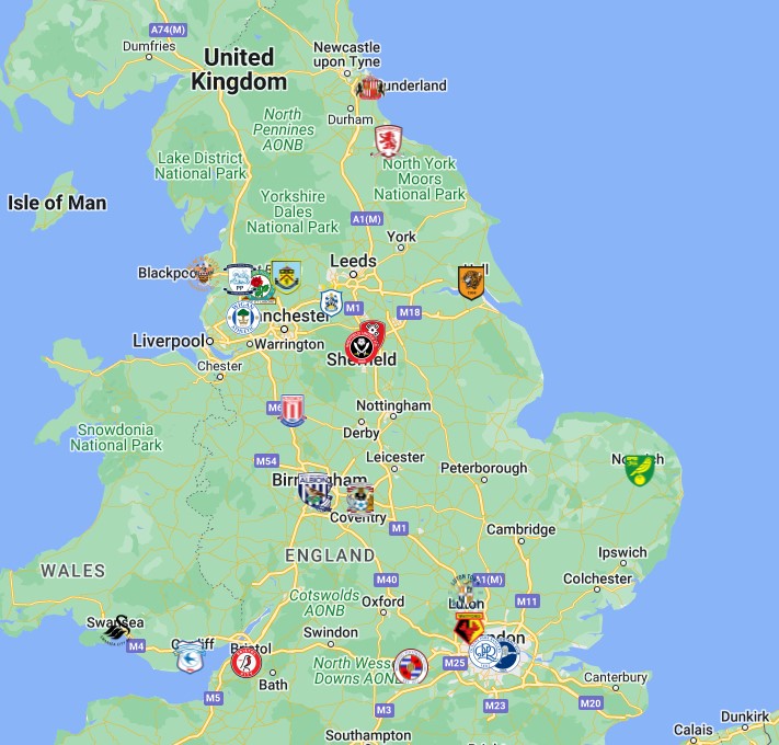 EFL Championship Teams Map