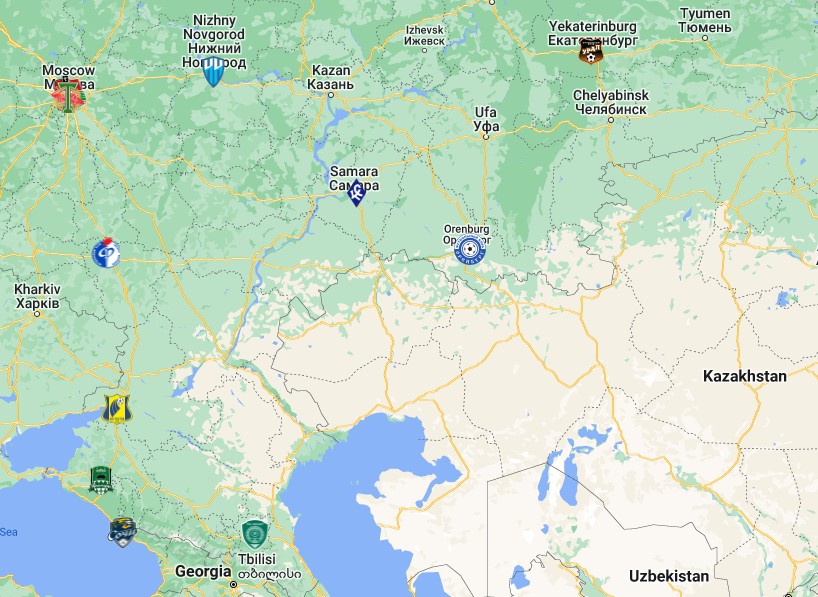 Russian Premier League Teams Map
