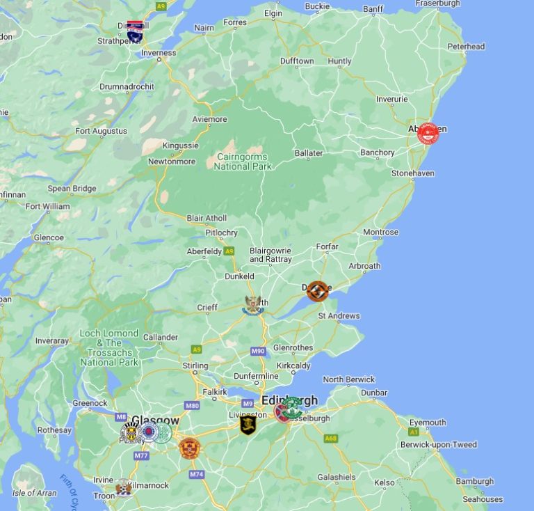 Scottish Premiership Teams Map with logos | Scottish Premiership Teams ...